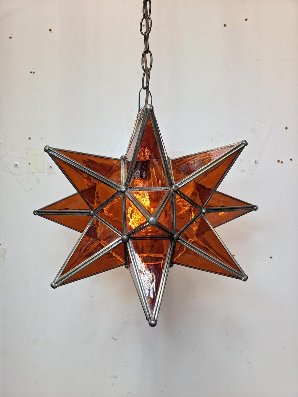 Moroccan Star Pendant Light | Amber Glass Hanging Lamp|Handmade Boho Ceiling Lighting Fixture for Bedroom or Entryway Decor|Brass Chandelier