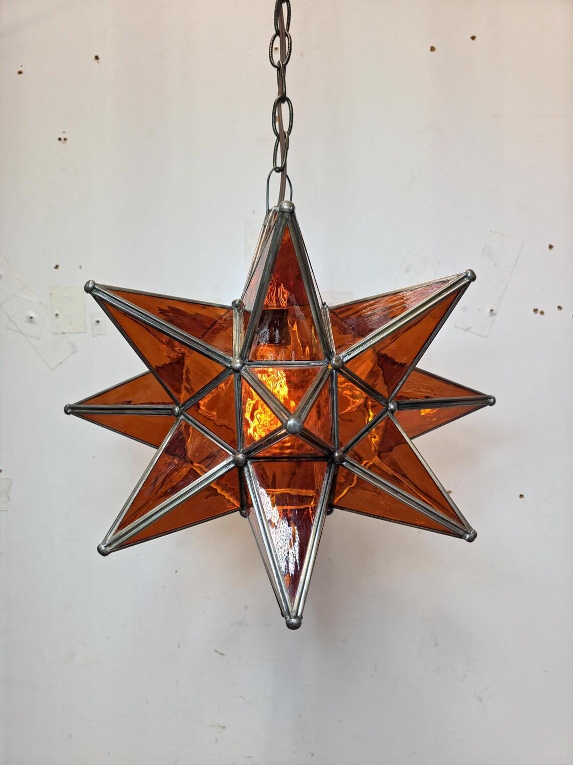 Moroccan Star Pendant Light | Amber Glass Hanging Lamp|Handmade Boho Ceiling Lighting Fixture for Bedroom or Entryway Decor|Brass Chandelier