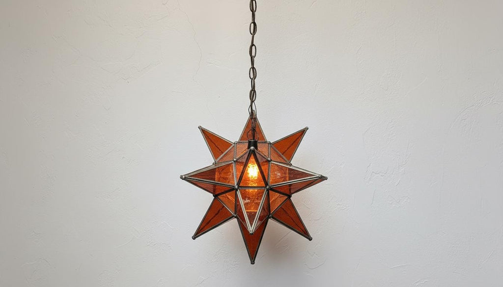 Moroccan Star Pendant Light | Amber Glass Hanging Lamp|Handmade Boho Ceiling Lighting Fixture for Bedroom or Entryway Decor|Brass Chandelier
