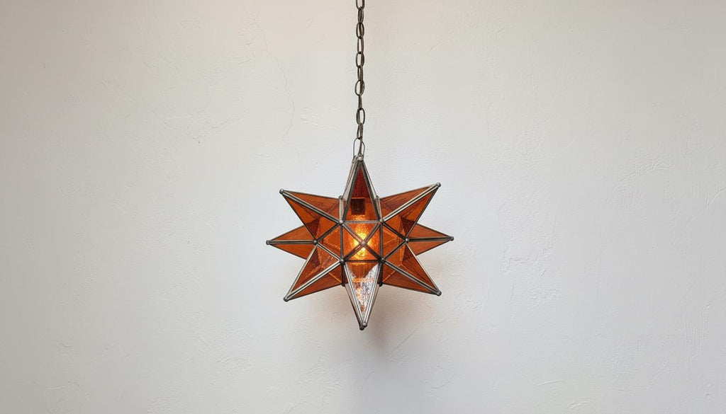 Moroccan Star Pendant Light | Amber Glass Hanging Lamp|Handmade Boho Ceiling Lighting Fixture for Bedroom or Entryway Decor|Brass Chandelier