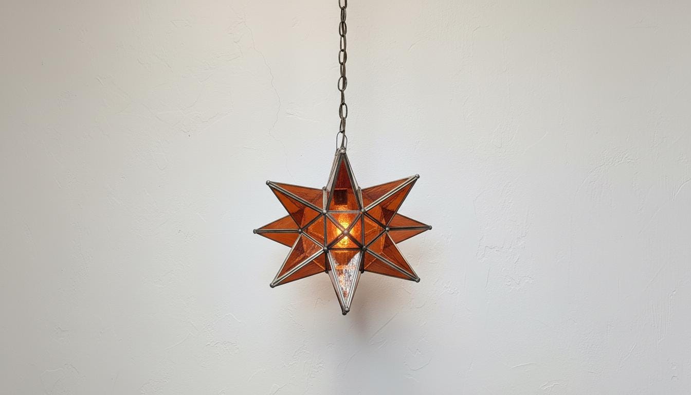 Moroccan Star Pendant Light | Amber Glass Hanging Lamp|Handmade Boho Ceiling Lighting Fixture for Bedroom or Entryway Decor|Brass Chandelier