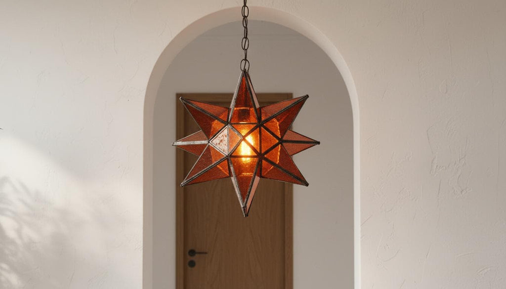 Moroccan Star Pendant Light | Amber Glass Hanging Lamp|Handmade Boho Ceiling Lighting Fixture for Bedroom or Entryway Decor|Brass Chandelier