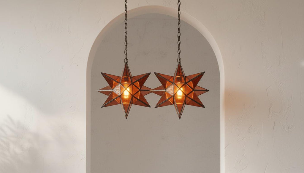 Moroccan Star Pendant Light | Amber Glass Hanging Lamp|Handmade Boho Ceiling Lighting Fixture for Bedroom or Entryway Decor|Brass Chandelier