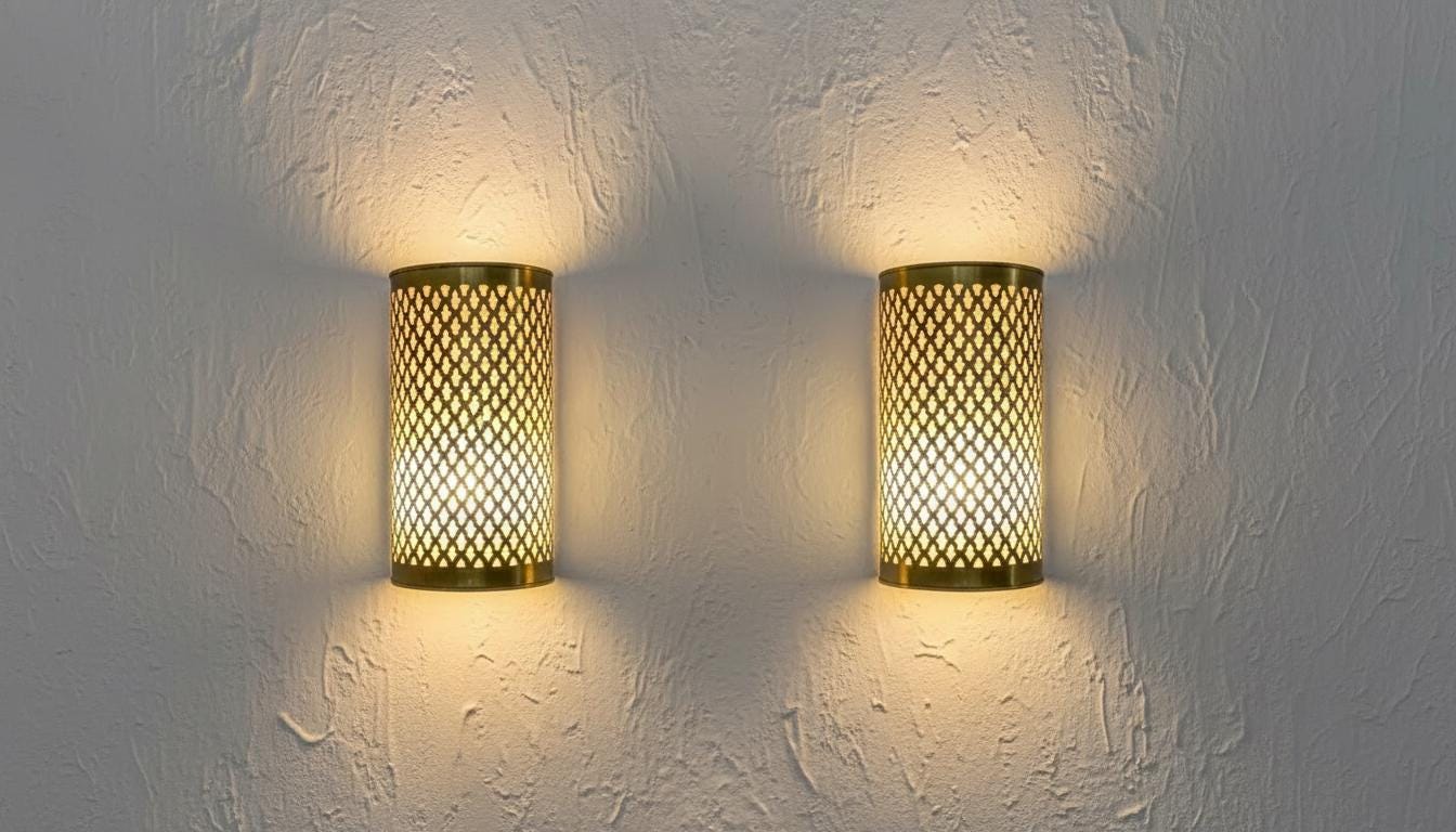 Set of 2 Moroccan Brass Wall Sconces: Handcrafted Geometric Lamps
