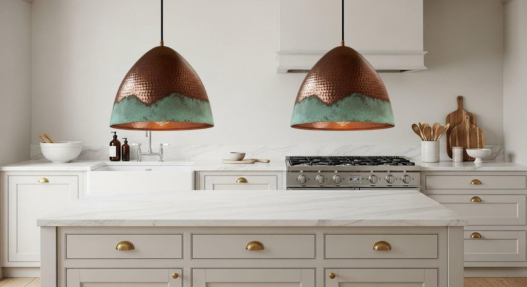 Handcrafted Copper Pendant Light, Green Patina, Moroccan Style