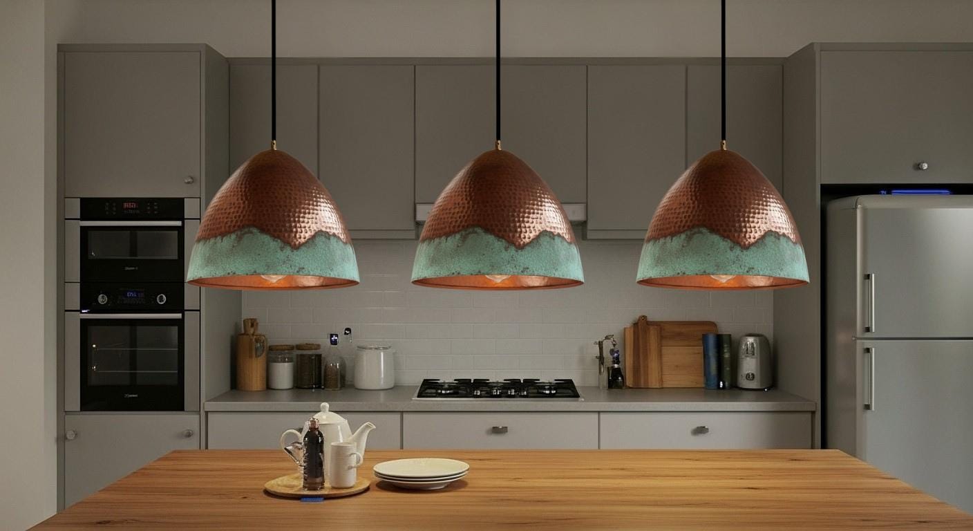 Handcrafted Copper Pendant Light, Green Patina, Moroccan Style