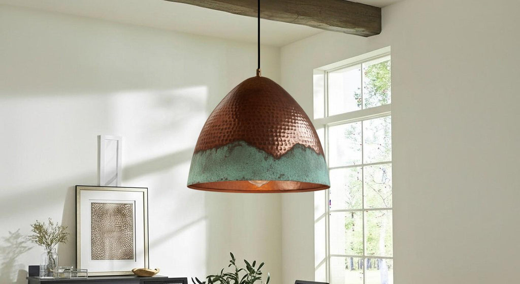 Handcrafted Copper Pendant Light, Green Patina, Moroccan Style