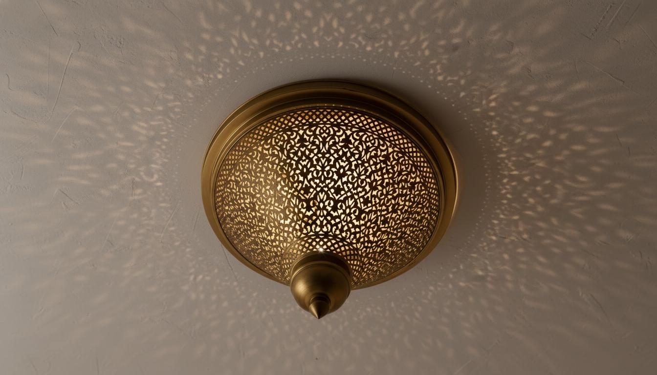 Handmade Moroccan Brass Wall Sconce –Simple Moroccan Ceiling lamps, Engraved Flush Mount Light –Handmade Light Fixtures, Moorish Wall Sconce