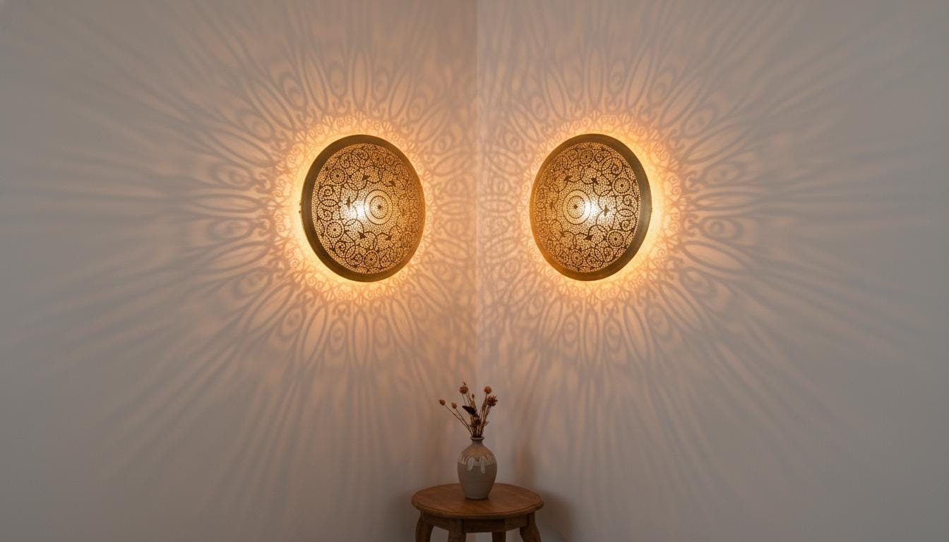 Handmade Moroccan Brass Wall Sconce, Geometric Lamp Shade