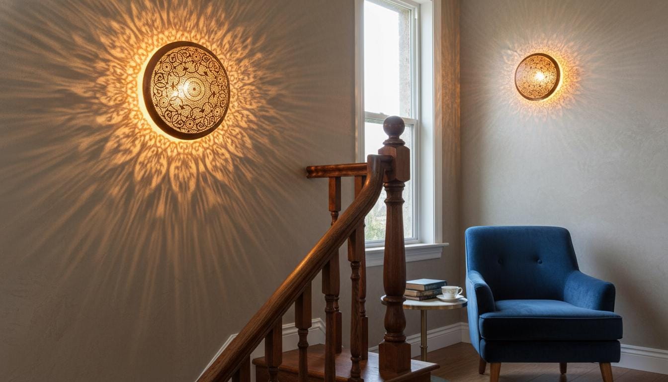 Handmade Moroccan Brass Wall Sconce, Geometric Lamp Shade