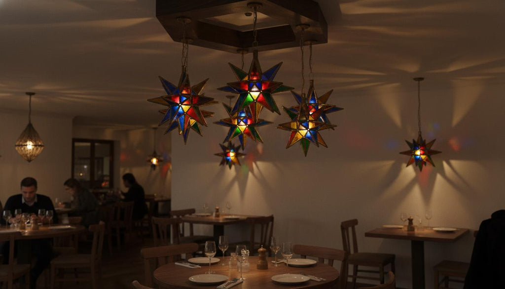 Moroccan Star Pendant Light, Multicolor Stained Glass, Handmade Brass Lantern