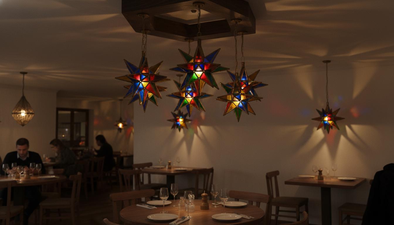Moroccan Star Pendant Light, Multicolor Stained Glass, Handmade Brass Lantern