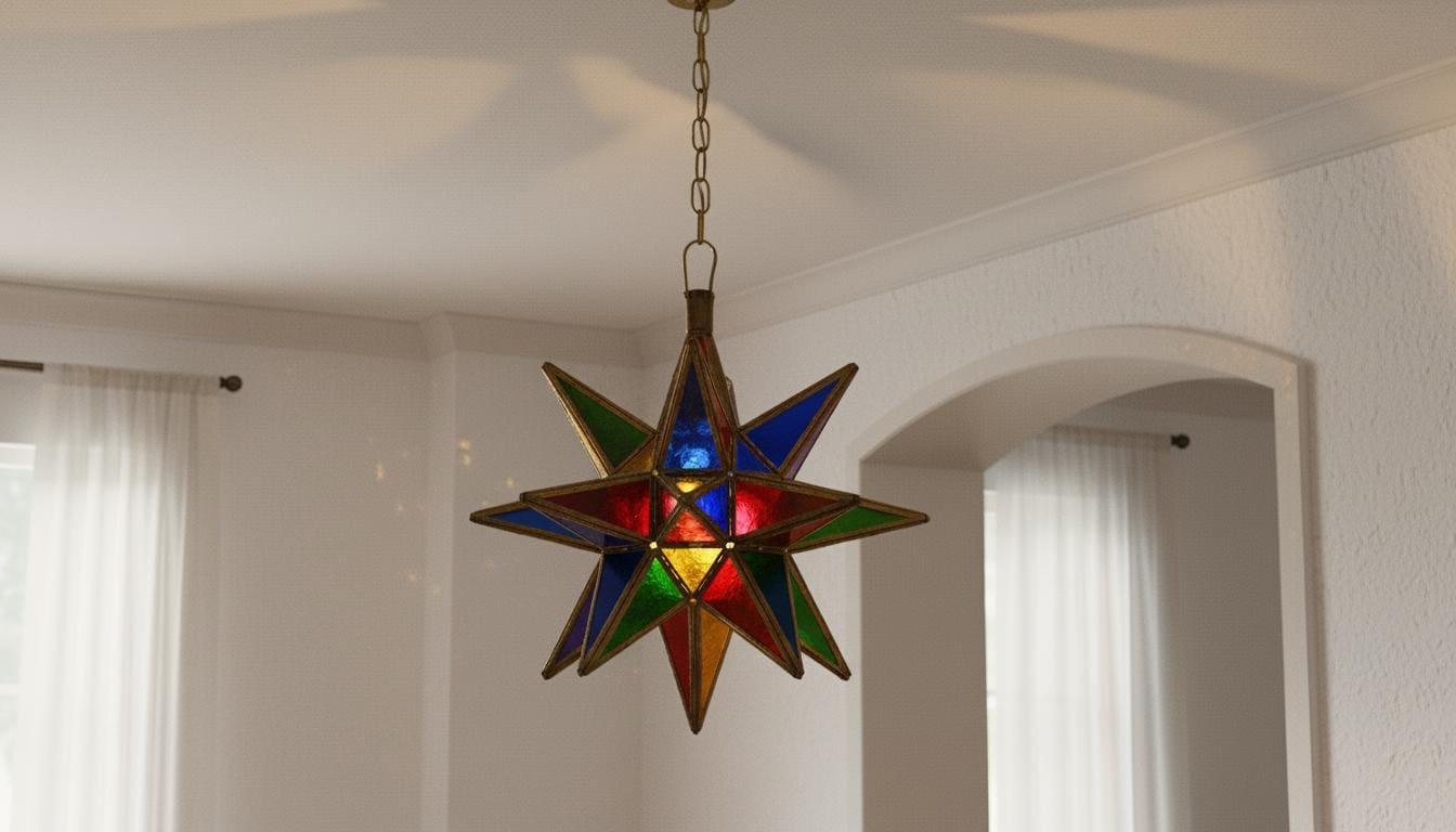 Moroccan Star Pendant Light, Multicolor Stained Glass, Handmade Brass Lantern