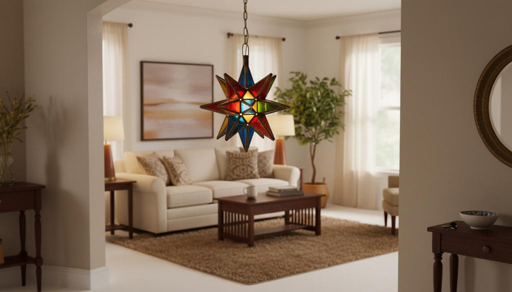 Moroccan Star Pendant Light, Multicolor Stained Glass, Handmade Brass Lantern