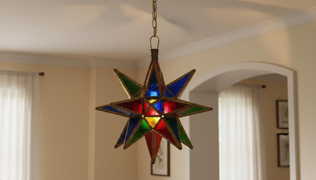 Moroccan Star Pendant Light, Multicolor Stained Glass, Handmade Brass Lantern