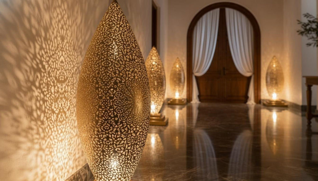 Handmade Moroccan Floor Lamp – Brass Pierced Light – Elegant Teardrop Shape – Handmade Moroccan Lighting – Boho Decor Light Fixture