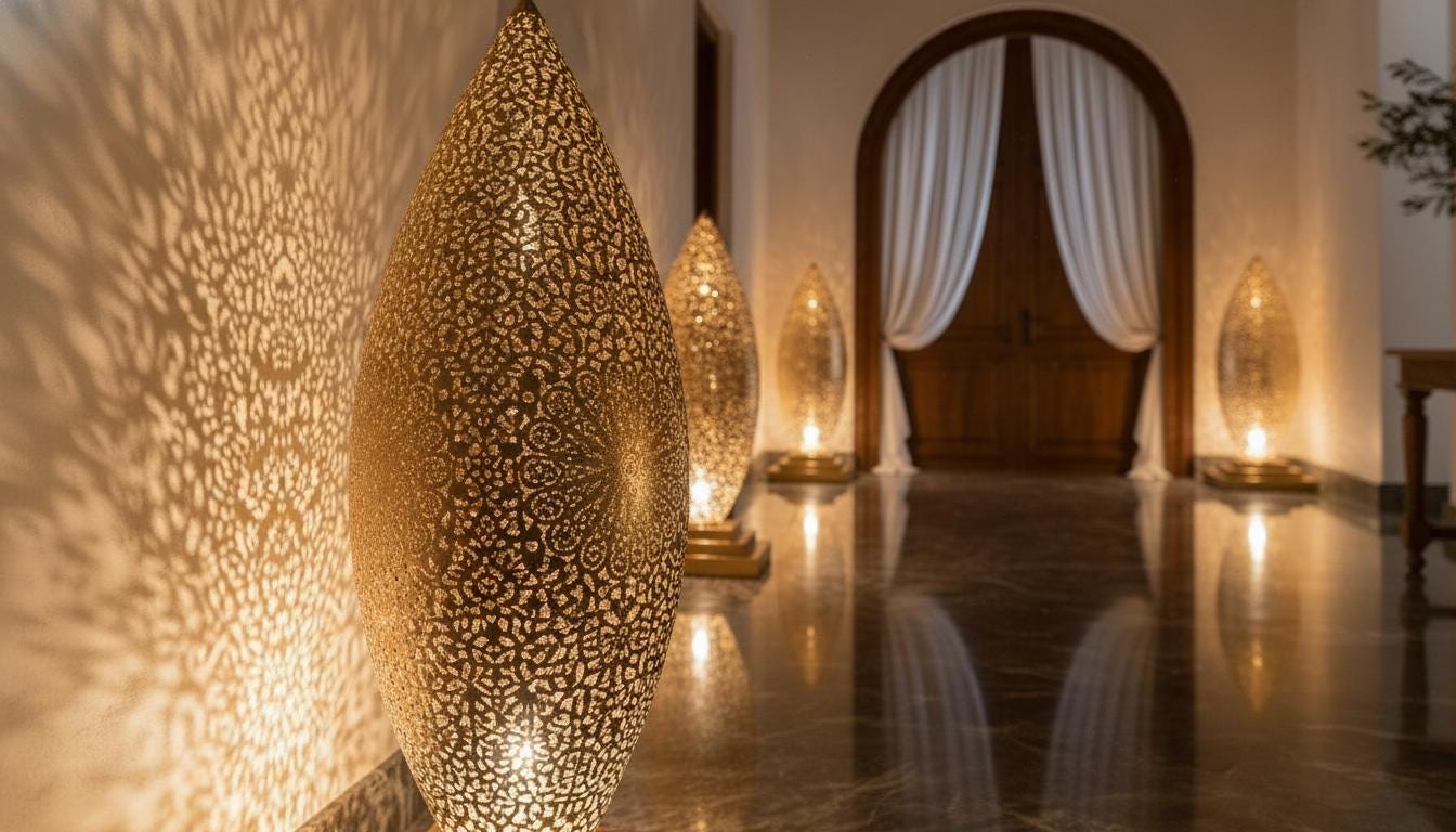 Handmade Moroccan Floor Lamp – Brass Pierced Light – Elegant Teardrop Shape – Handmade Moroccan Lighting – Boho Decor Light Fixture