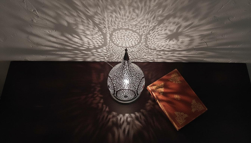 Moroccan Table Lamp, Handmade Brass Lamp, Perforated Light Fixture, Boho Nightstand Lamp, Ambient Shadow Lamp, Oriental Bedroom Lighting