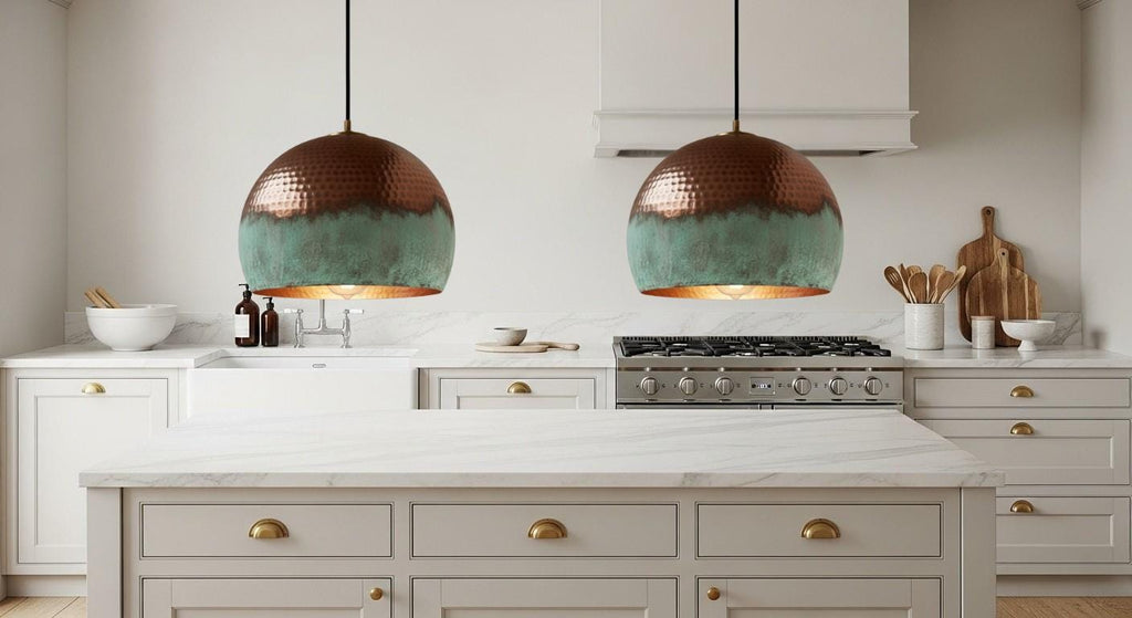 Handmade Oxidized Copper Pendant Light , Perforated Dome Ceiling Fixture ,Green Patina, Kitchen Island Lighting,Rustic chandelier,Lighting