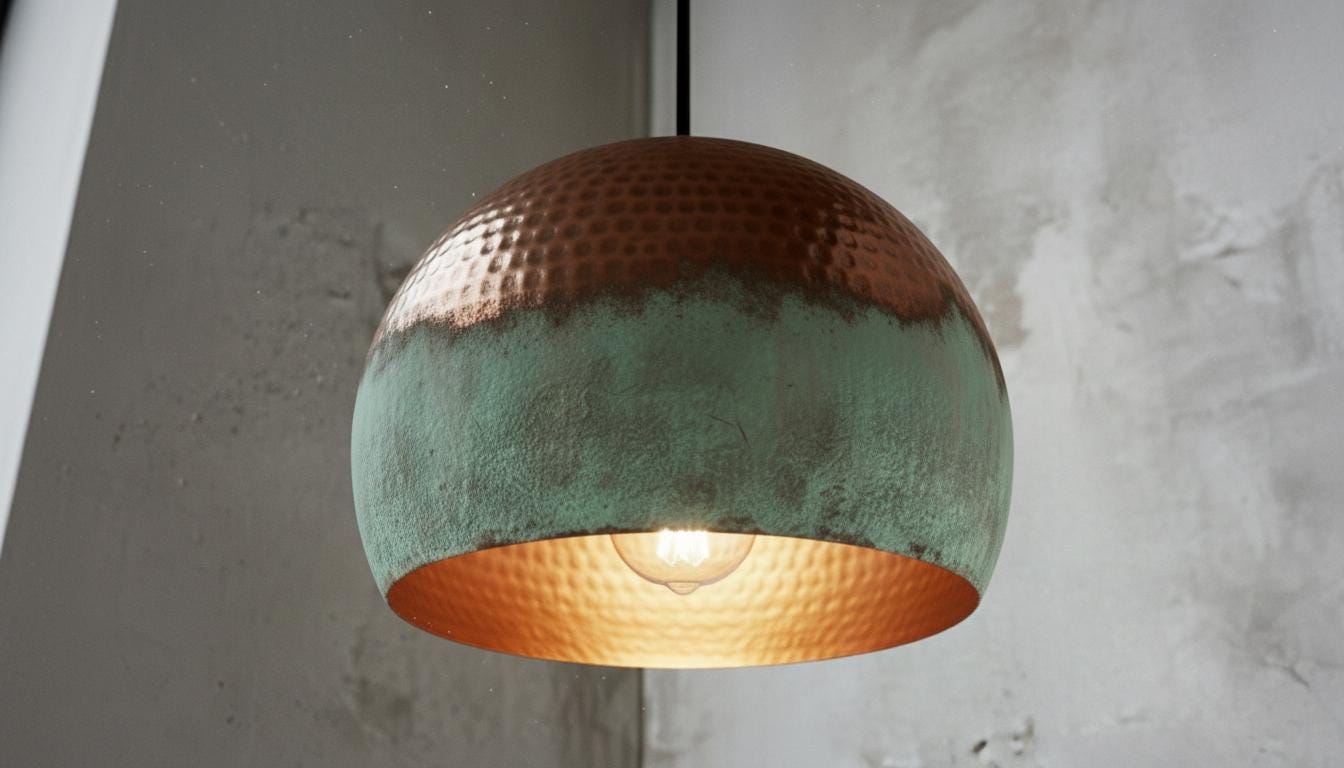 Handmade Oxidized Copper Pendant Light , Perforated Dome Ceiling Fixture ,Green Patina, Kitchen Island Lighting,Rustic chandelier,Lighting