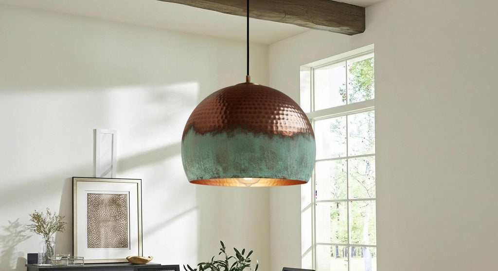 Handmade Oxidized Copper Pendant Light , Perforated Dome Ceiling Fixture ,Green Patina, Kitchen Island Lighting,Rustic chandelier,Lighting