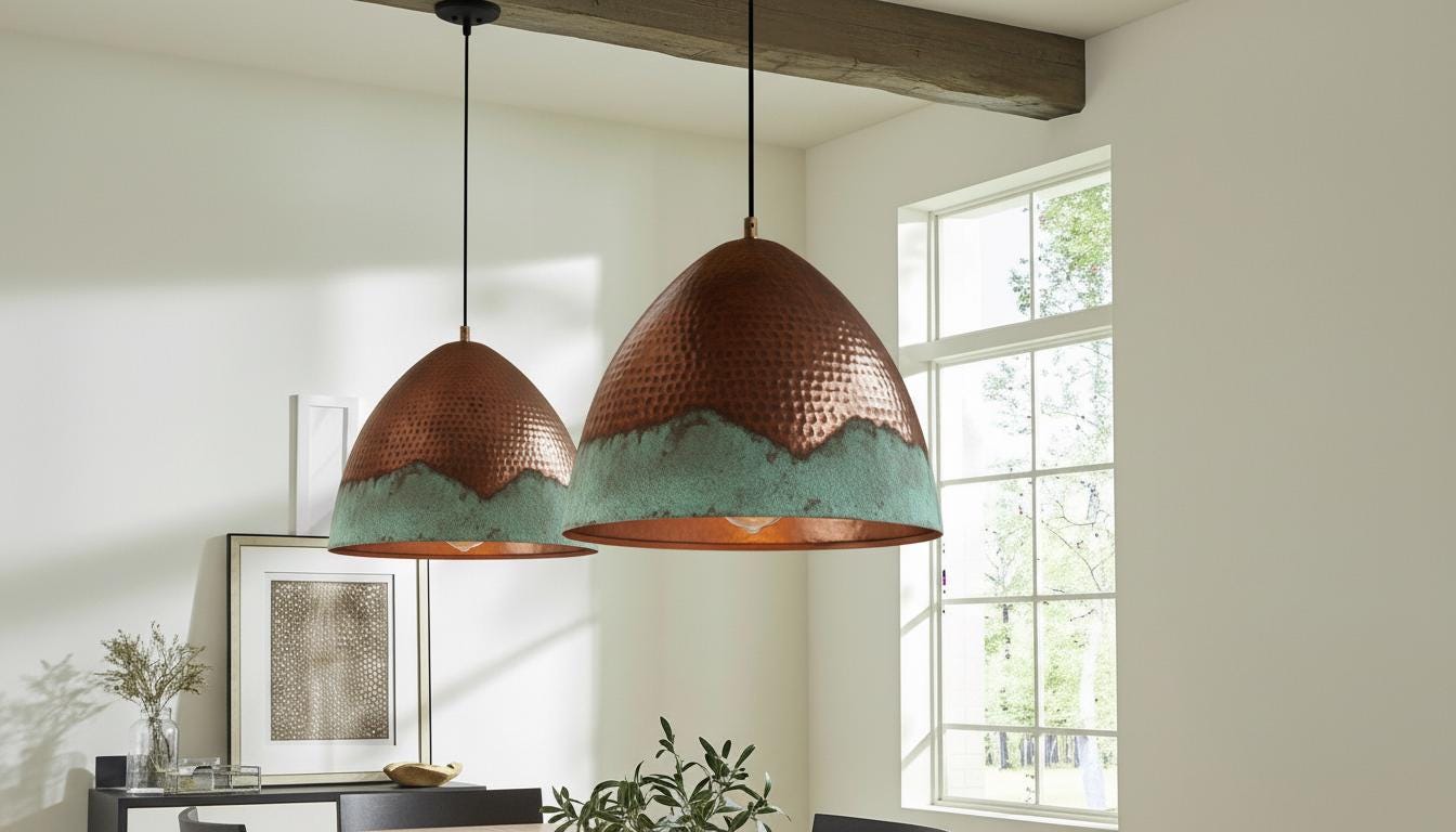 Handcrafted Copper Pendant Light, Green Patina, Moroccan Style