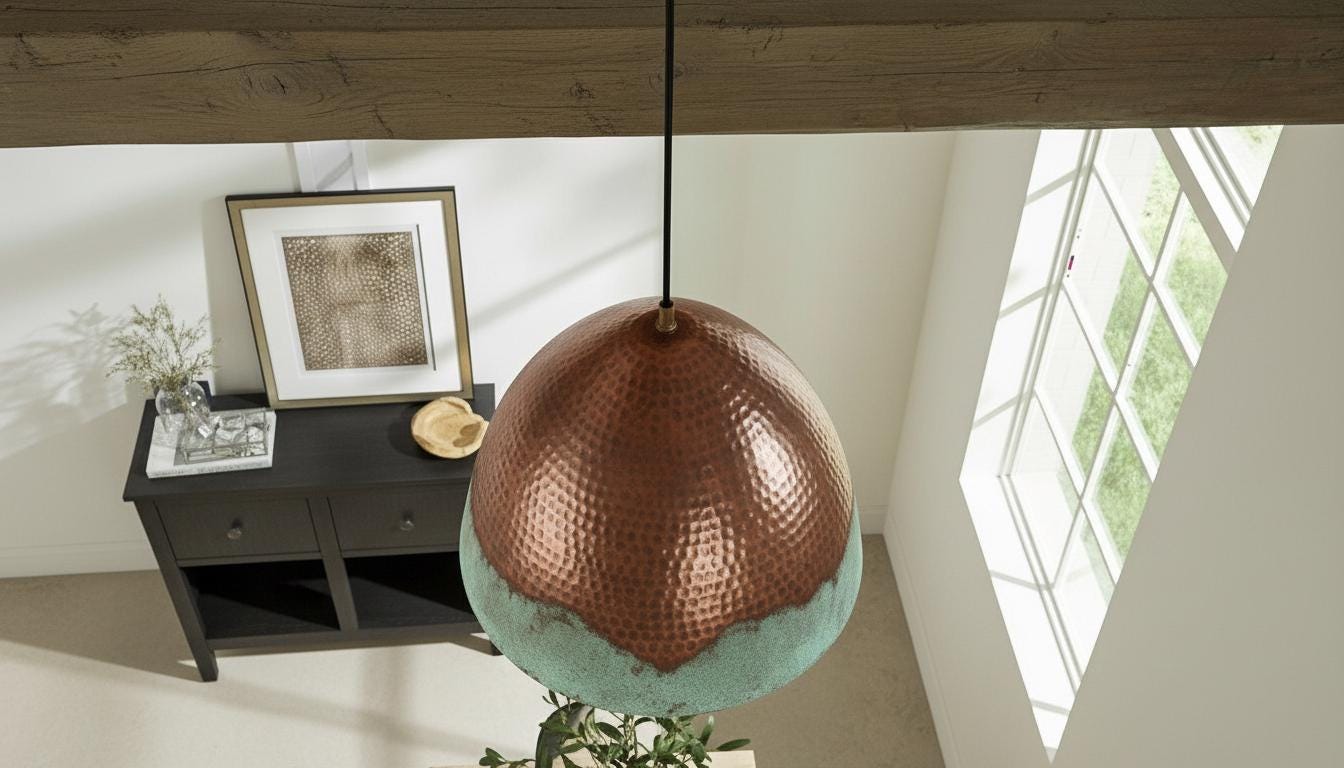 Handcrafted Copper Pendant Light, Green Patina, Moroccan Style