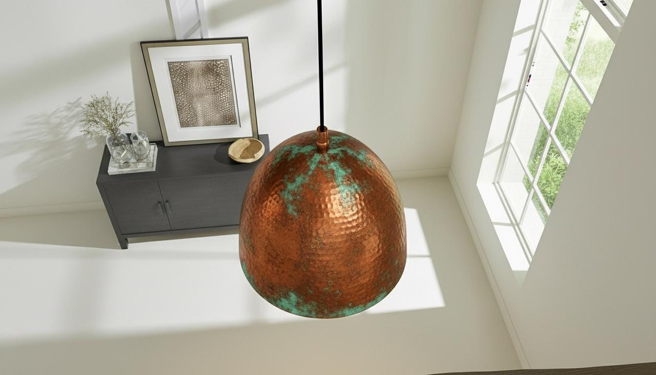 Oxidized Dome Ceiling Lamp , Green Patina Moroccan Fixture ,Hanging Fixture, Rustic Island Kitchen, Dining Room