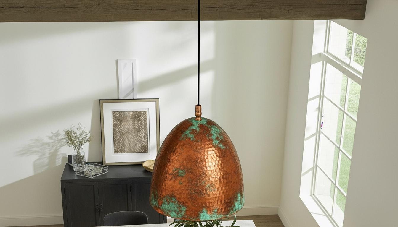 Oxidized Dome Ceiling Lamp , Green Patina Moroccan Fixture ,Hanging Fixture, Rustic Island Kitchen, Dining Room