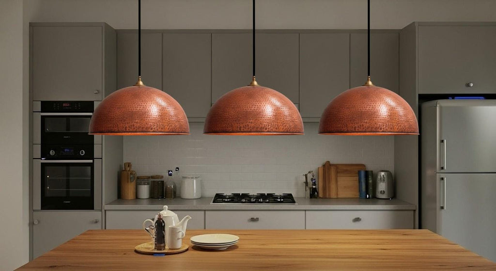 Handmade Copper Dome Pendant Light – Hammered Oxidized Ceiling Fixture for Rustic Country Kitchen Island, Organic Modern Copper Lamp Decor.