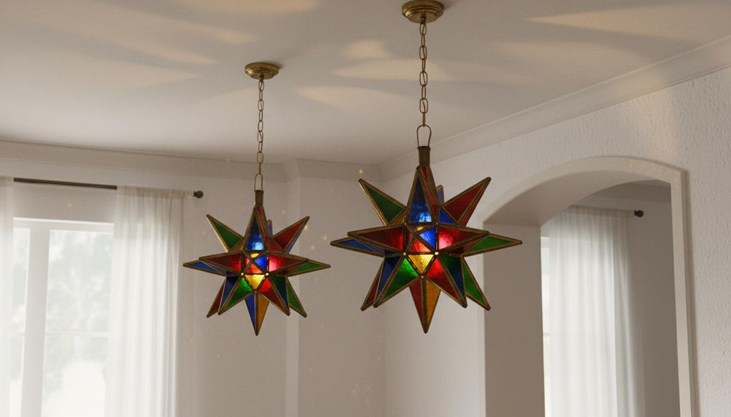 Moroccan Star Pendant Light, Multicolor Stained Glass, Handmade Brass Lantern