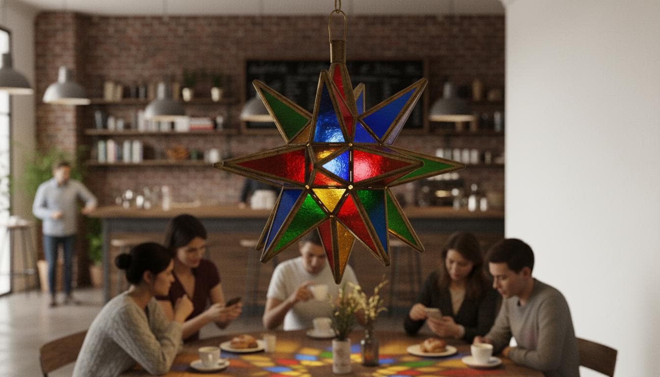 Moroccan Star Pendant Light, Multicolor Stained Glass, Handmade Brass Lantern
