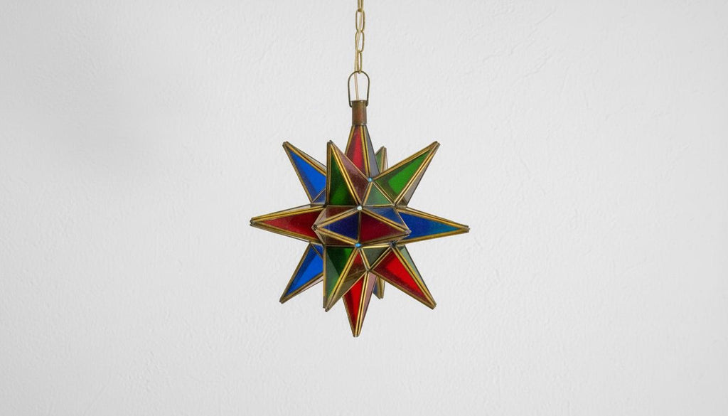 Moroccan Star Pendant Light, Multicolor Stained Glass, Handmade Brass Lantern