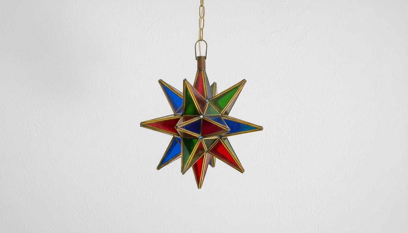 Moroccan Star Pendant Light, Multicolor Stained Glass, Handmade Brass Lantern