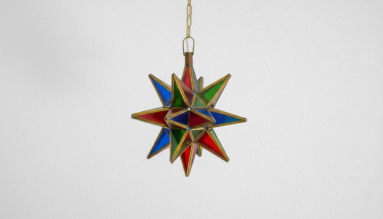 Moroccan Star Pendant Light, Multicolor Stained Glass, Handmade Brass Lantern