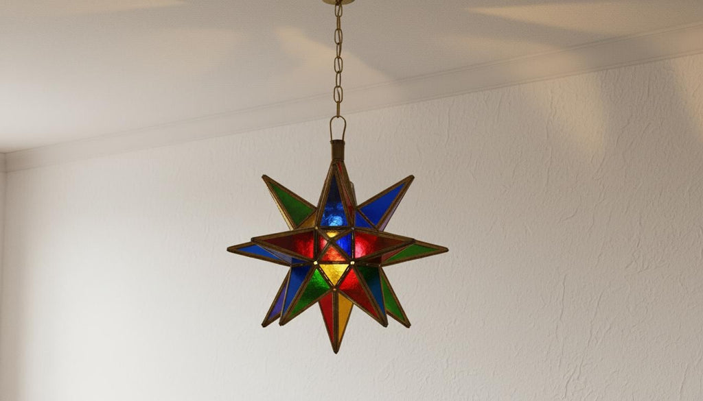 Moroccan Star Pendant Light, Multicolor Stained Glass, Handmade Brass Lantern