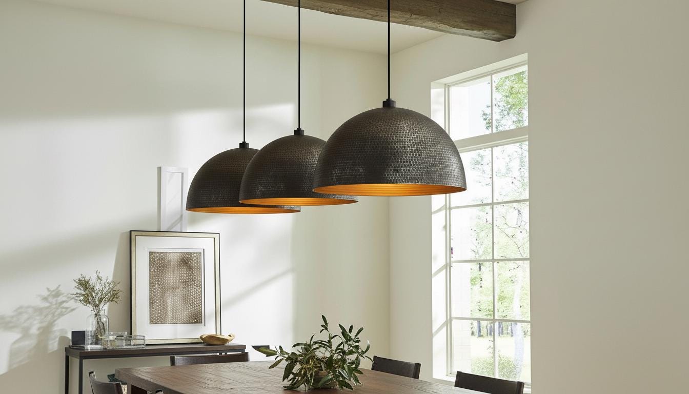 Set of 2 Hammered Copper Dome Pendant Lights, Moroccan Rustic Fixture