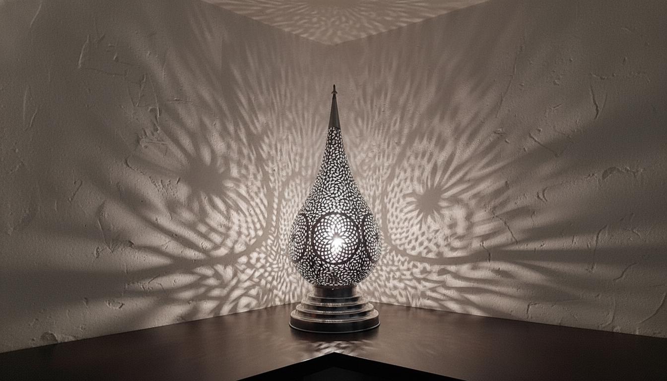 Moroccan Table Lamp, Handmade Brass Lamp, Perforated Light Fixture, Boho Nightstand Lamp, Ambient Shadow Lamp, Oriental Bedroom Lighting