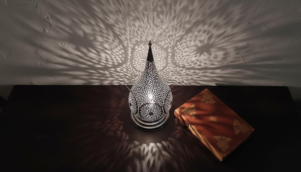 Moroccan Table Lamp, Handmade Brass Lamp, Perforated Light Fixture, Boho Nightstand Lamp, Ambient Shadow Lamp, Oriental Bedroom Lighting