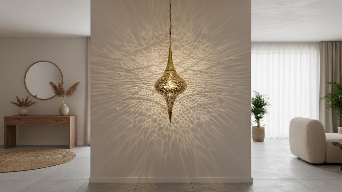 Handmade Moroccan Brass Pendant Lamp, Boho Hanging Light