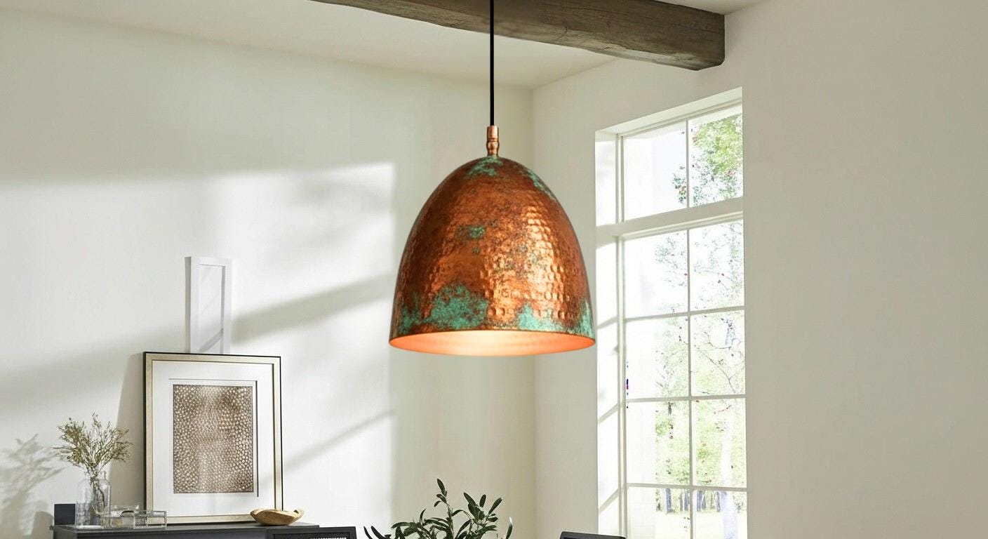 Oxidized Dome Ceiling Lamp , Green Patina Moroccan Fixture ,Hanging Fixture, Rustic Island Kitchen, Dining Room