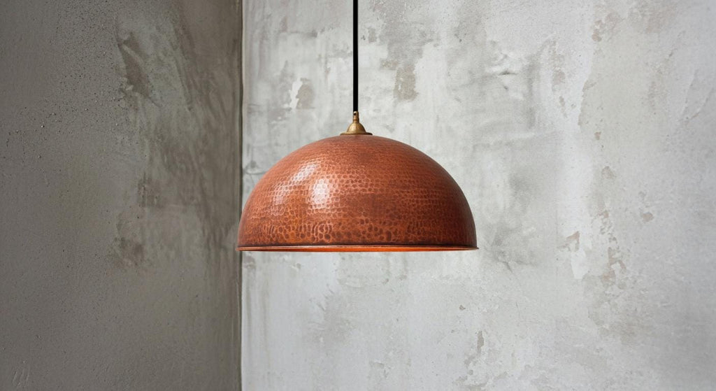 Handmade Copper Dome Pendant Light – Hammered Oxidized Ceiling Fixture for Rustic Country Kitchen Island, Organic Modern Copper Lamp Decor.