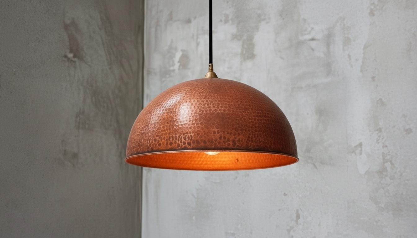 Handmade Copper Dome Pendant Light – Hammered Oxidized Ceiling Fixture for Rustic Country Kitchen Island, Organic Modern Copper Lamp Decor.