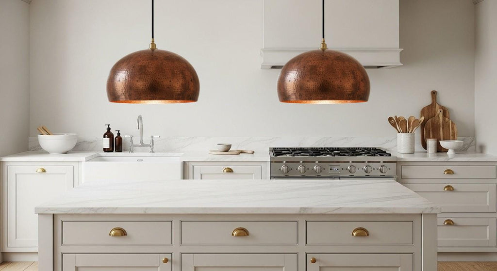 Aged Copper Dome Ceiling Light – Handmade Patina Pendant Lamp for Vintage Kitchen or Dining Room Lighting, Rustic Moroccan Home Decor Design
