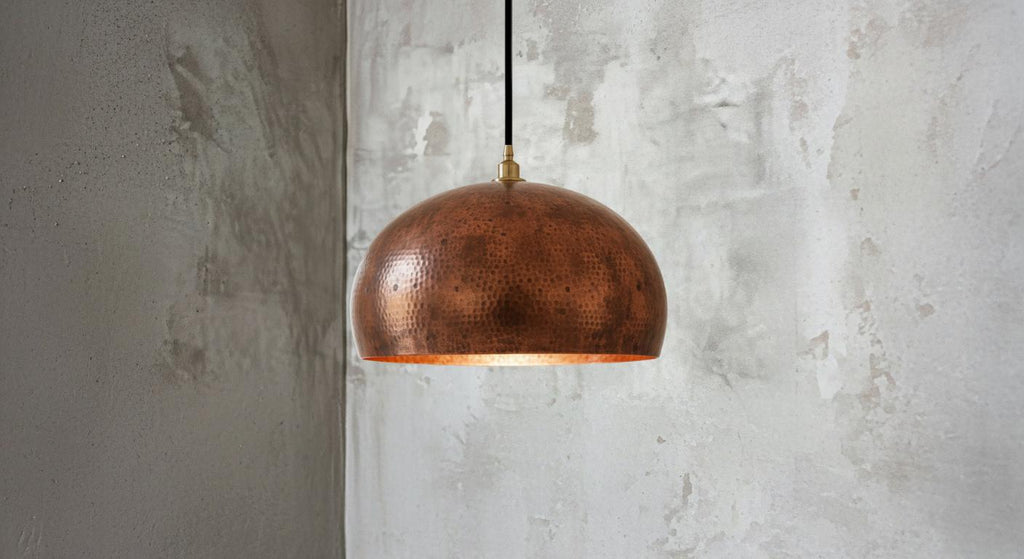 Aged Copper Dome Ceiling Light – Handmade Patina Pendant Lamp for Vintage Kitchen or Dining Room Lighting, Rustic Moroccan Home Decor Design