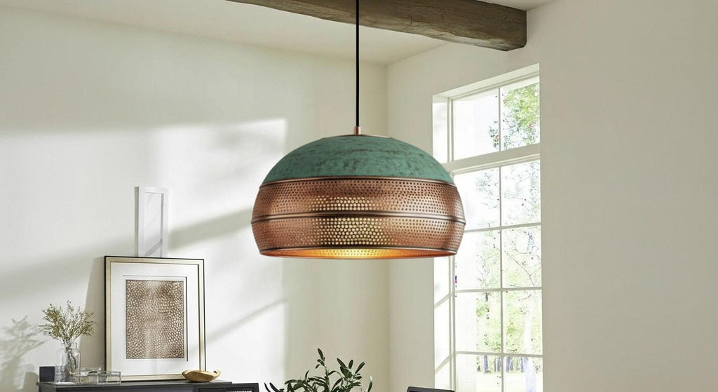 Handmade Copper Dome Pendant Light, Green Patina Boho Chandelier , Moroccan Style , Rustic Farmhouse Kitchen Island ,Boho Moroccan Lamps