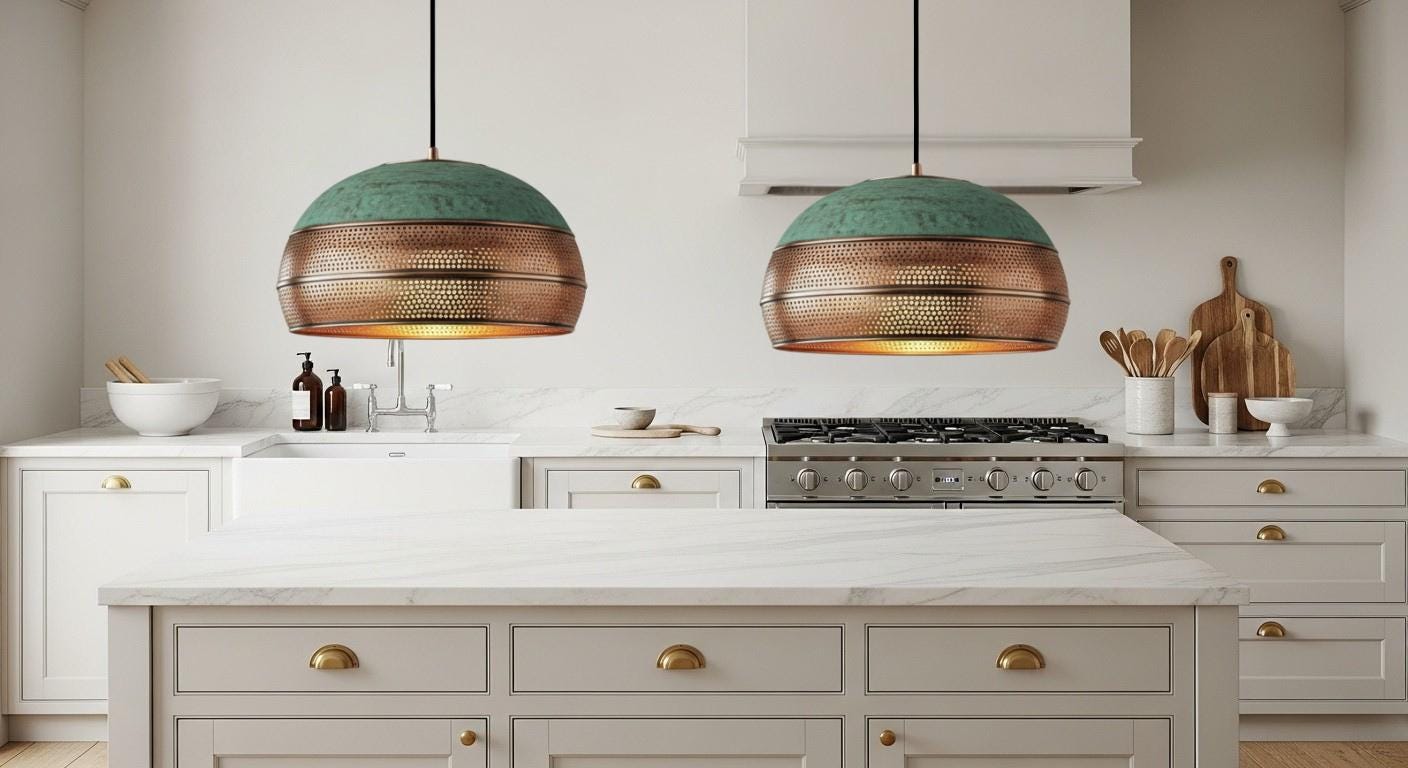 Handmade Copper Dome Pendant Light, Green Patina Boho Chandelier , Moroccan Style , Rustic Farmhouse Kitchen Island ,Boho Moroccan Lamps