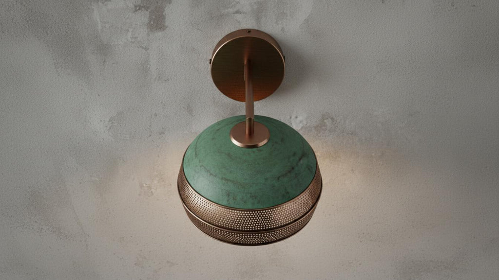 Perforated Oxidized Copper Wall Lamp – Handmade Green Patina Wall Sconce, Vintage Moroccan Pierced Brass-Style Light, Handcrafted Wall Fixture