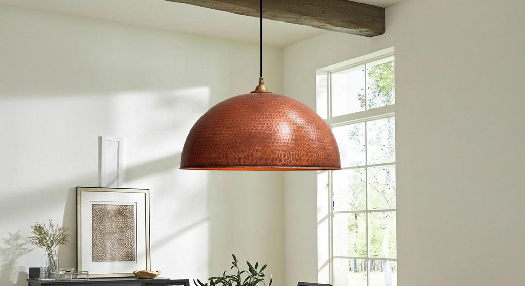 Handmade Copper Dome Pendant Light – Hammered Oxidized Ceiling Fixture for Rustic Country Kitchen Island, Organic Modern Copper Lamp Decor.