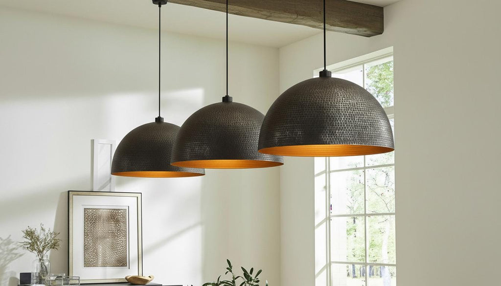 Set of 2 Hammered Copper Dome Pendant Lights, Moroccan Rustic Fixture